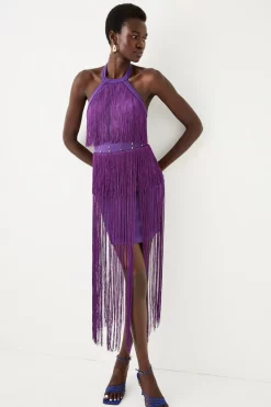 Promo ๐ Karen Millen Fringed Ponte Detail Halter Neck Mini ๐ Dress ๐ 14 Promo ๐ Karen Millen Fringed Ponte Detail Halter Neck Mini ๐ Dress ๐ -PARTY DRESSES Sales Store womens purple fringed ponte detail halter neck mini dress