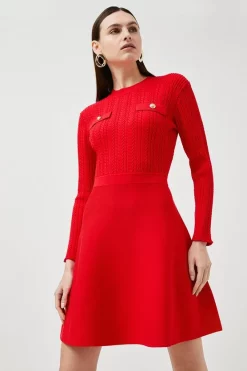 Buy 😀 Karen Millen Cable Knit Military Skater 👗 Dress 🤩 -PARTY DRESSES Sales Store womens red cable knit military skater dress