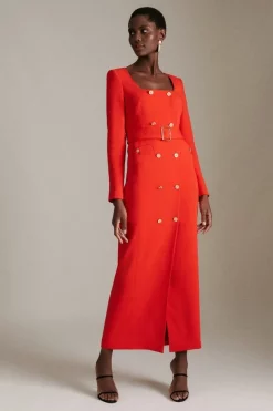 New 🎉 Karen Millen Compact Viscose Tux Sleeved Belted Maxi 👗 Dress ⌛ -PARTY DRESSES Sales Store womens red compact viscose tux sleeved belted maxi dress 1