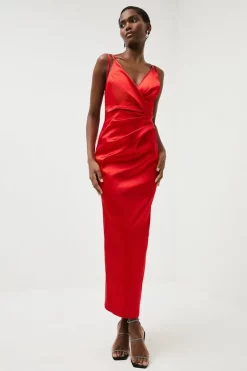Best Pirce ❤️ Karen Millen Italian Structured Satin Strappy Maxi 👗 Dress ⌛ -PARTY DRESSES Sales Store womens red italian structured satin strappy maxi dress 1