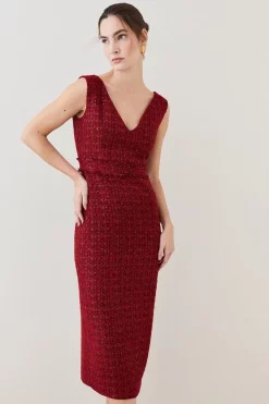 Budget 🌟 Karen Millen Tweed Frayed Waistband Detail Midi 👗 Dress 🌟 -PARTY DRESSES Sales Store womens red tweed frayed waistband detail midi dress