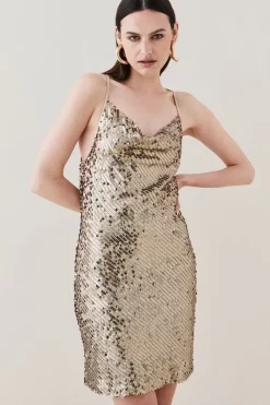 Outlet 👏 Karen Millen Liquid Sequin Cross Back Woven Mini 👗 Dress ⭐ -PARTY DRESSES Sales Store womens rose liquid sequin cross back woven mini dress