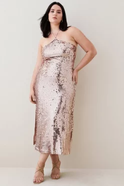 Top 10 💯 Karen Millen Plus Size Liquid Sequin Woven Halter 👗 Dress 😉 -PARTY DRESSES Sales Store womens rose20gold plus size liquid sequin woven halter dress