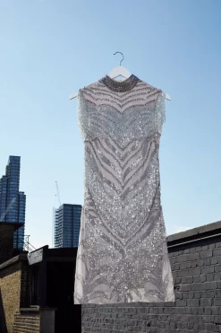 Flash Sale ⌛ Karen Millen Deco Crystal Embellished High Neck Mini 👗 Dress 🔥 -PARTY DRESSES Sales Store womens silver deco crystal embellished high neck mini dress